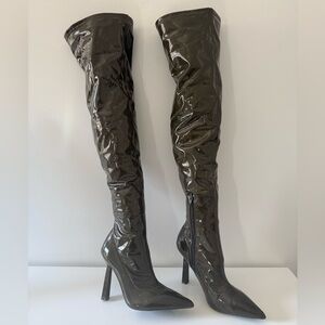 ALDO Patent Over-the-Knee Boots Size 7 | Pointed Toe Stiletto Heel Army Gree